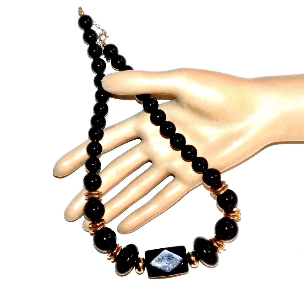 60s 70s Black & Gold Lucite Beaded Necklace | Large MOD Beads